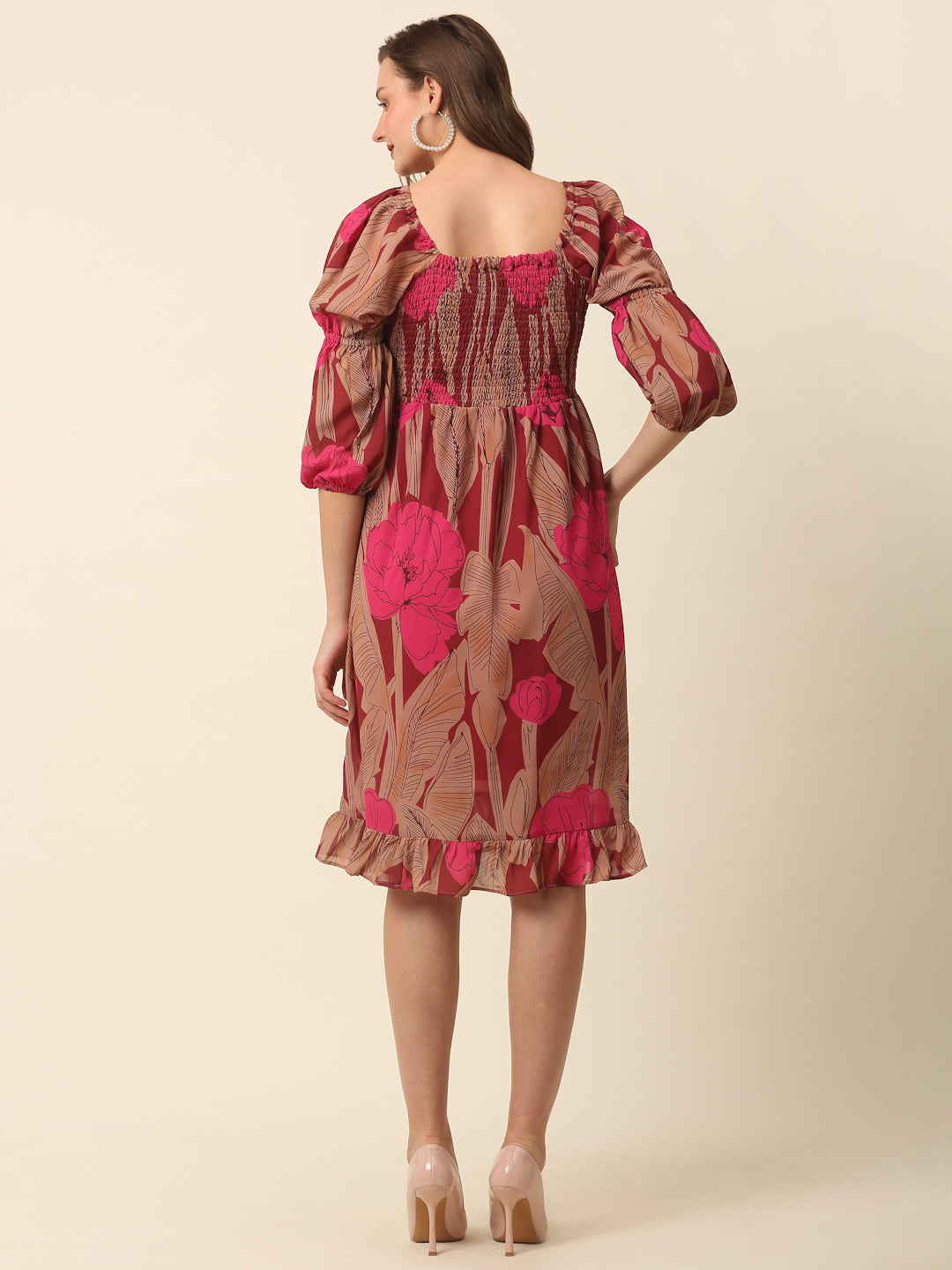 Pink & Brown Floral Printed Puff Sleeves Smocked A-Line Dress