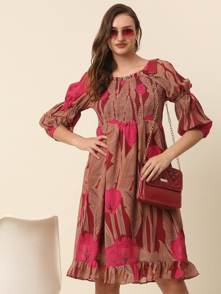 Pink & Brown Floral Printed Puff Sleeves Smocked A-Line Dress