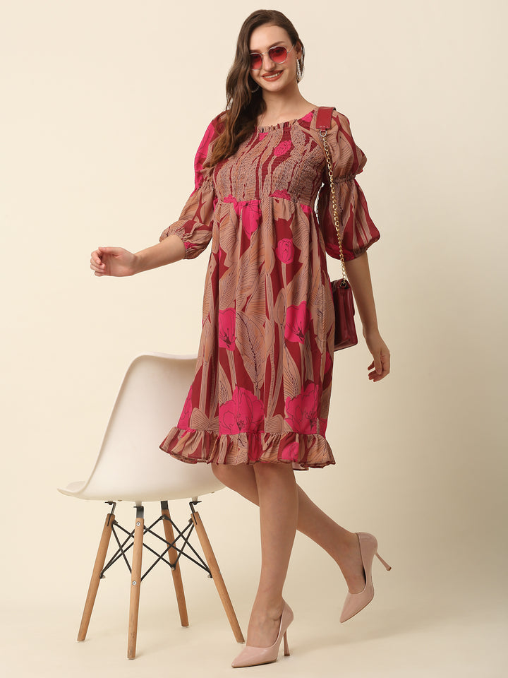 Pink & Brown Floral Printed Puff Sleeves Smocked A-Line Dress