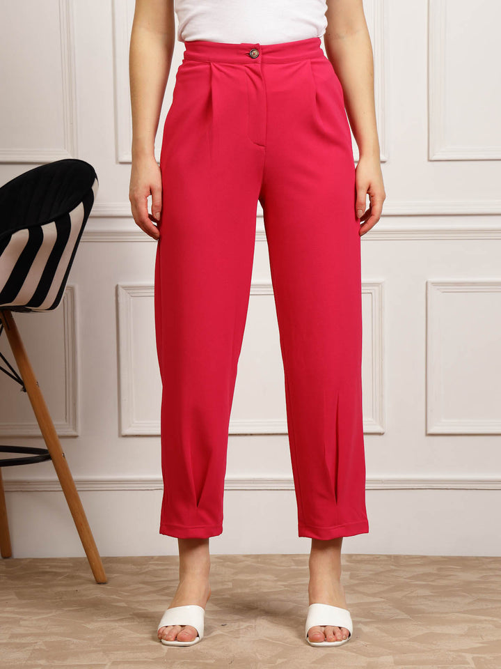 Women Pink Pleated Cropped Peg Trousers