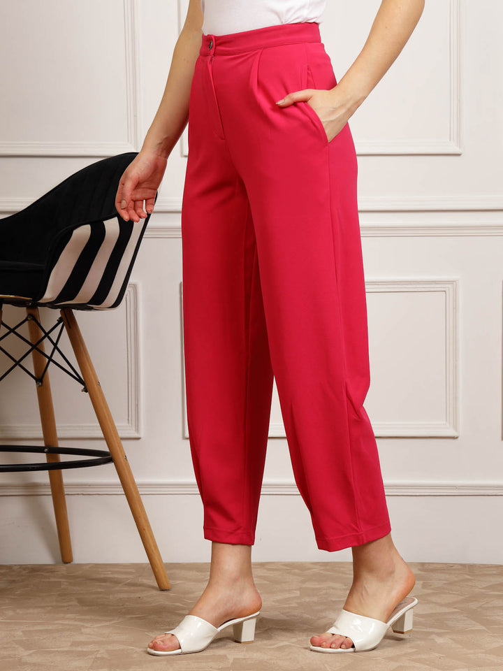 Women Pink Pleated Cropped Peg Trousers