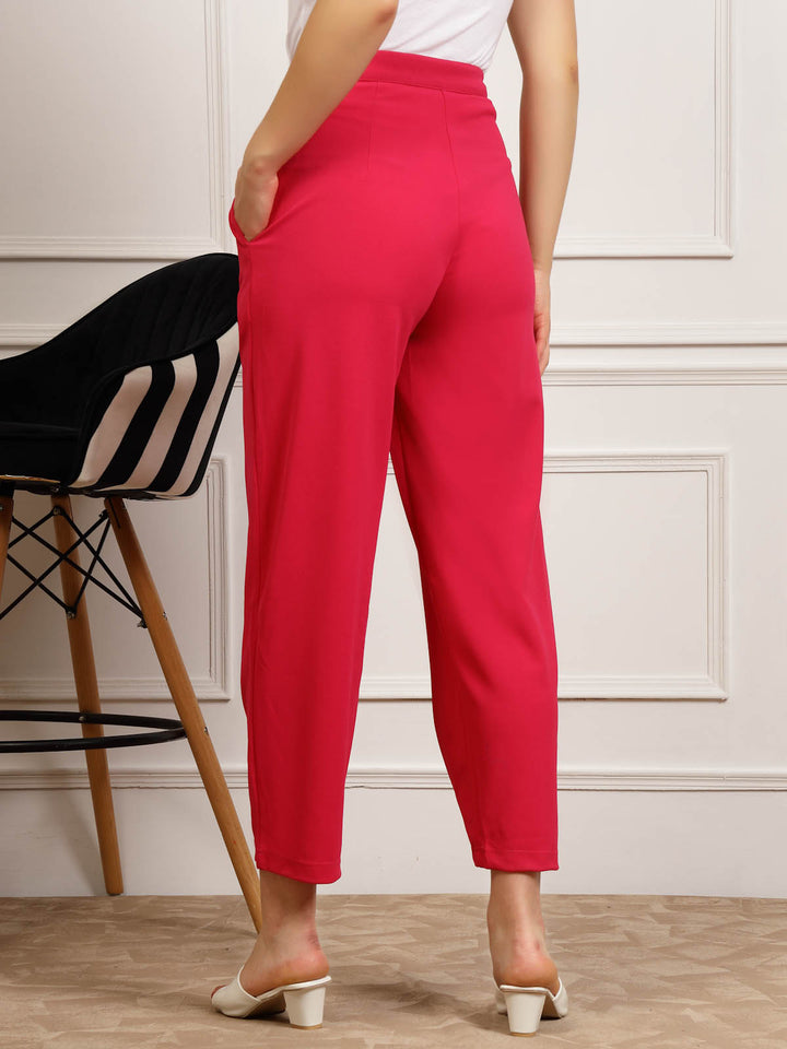 Women Pink Pleated Cropped Peg Trousers