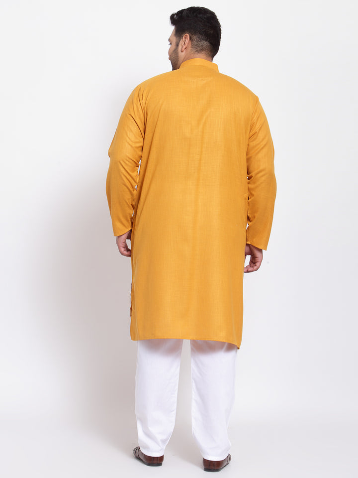 Men Mustard Yellow Striped Angrakha Pure Cotton Kurta with Pyjamas