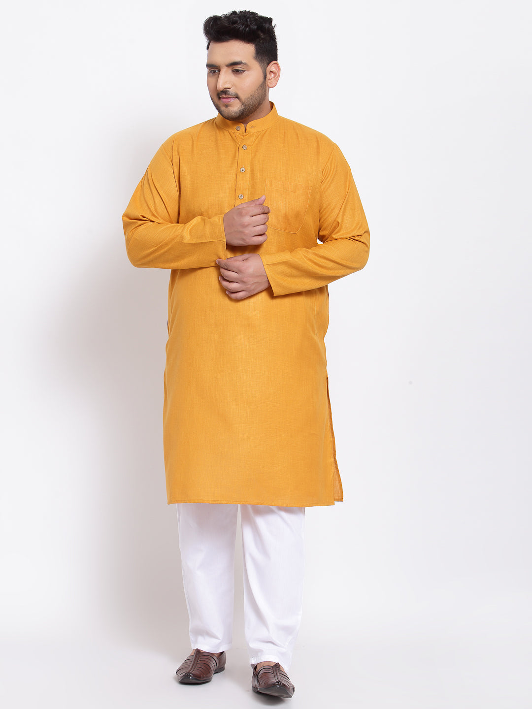 Men Mustard Yellow Striped Angrakha Pure Cotton Kurta with Pyjamas