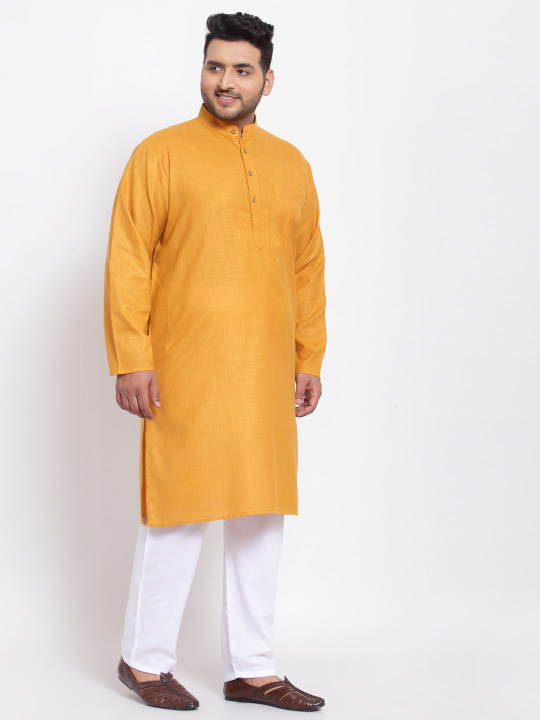 Men Mustard Yellow Striped Angrakha Pure Cotton Kurta with Pyjamas