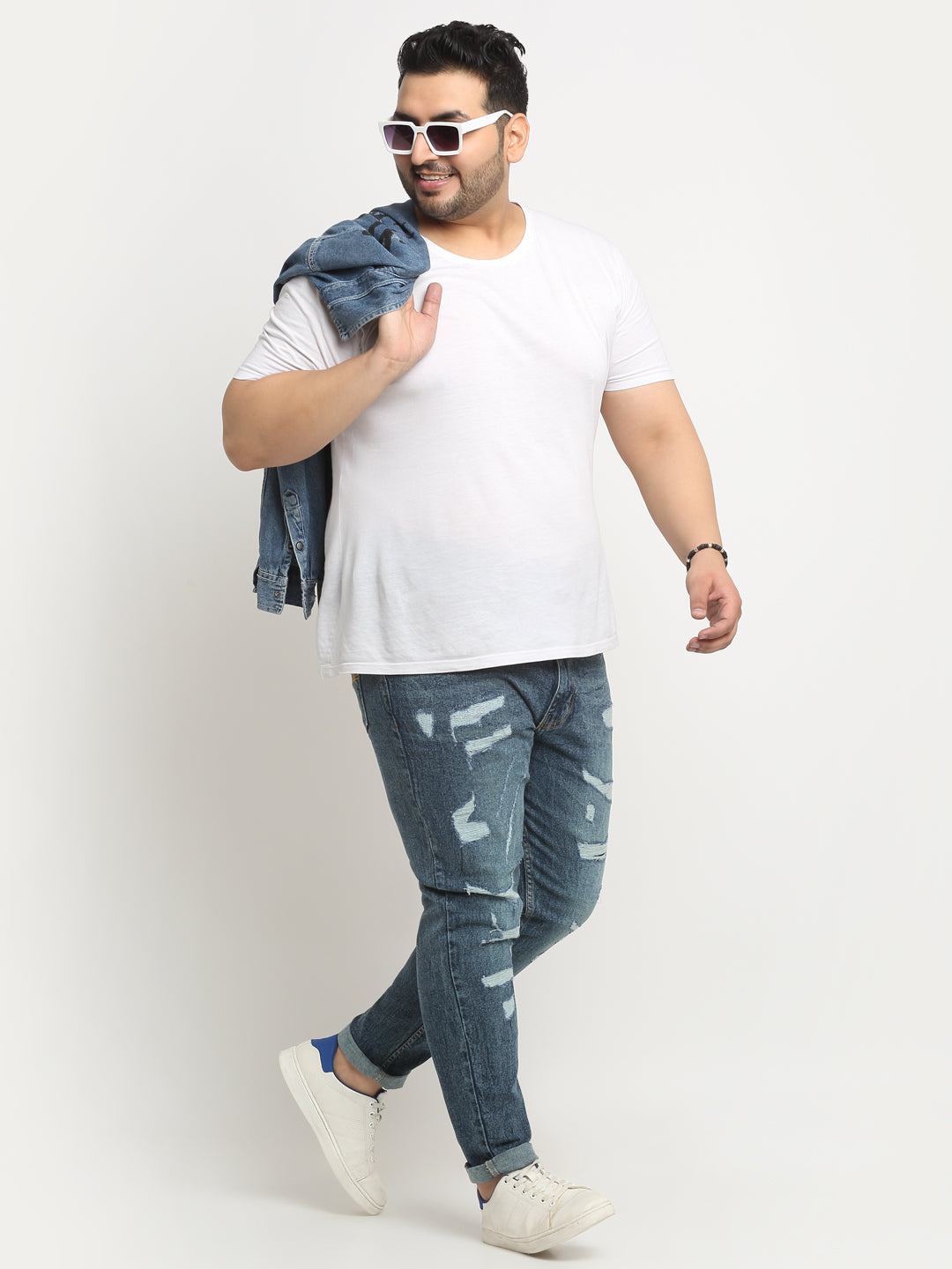 Plus Size Men Blue Comfort Highly Distressed Light Fade Non Stretchable Jeans