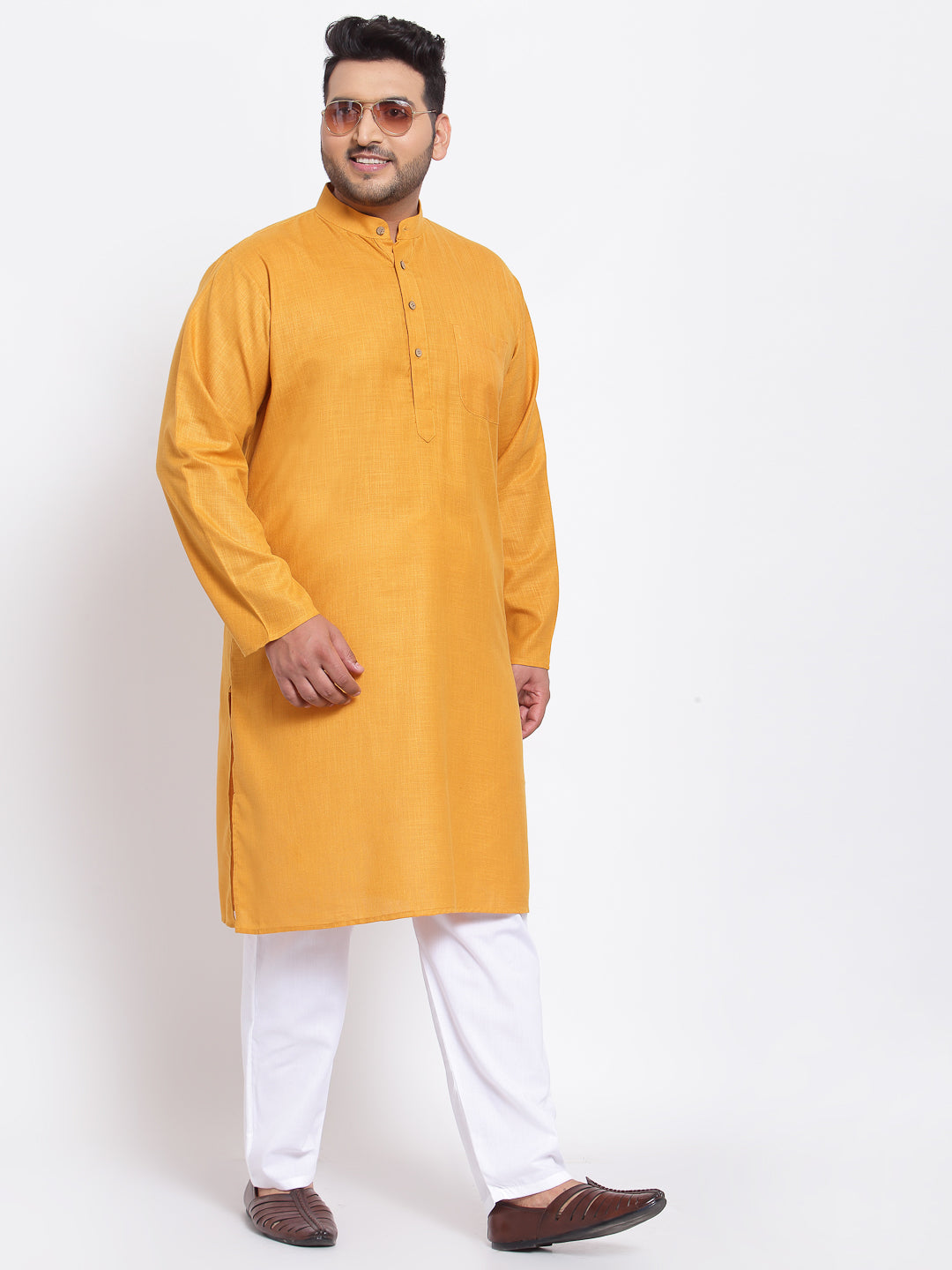 Men Mustard Yellow Striped Angrakha Pure Cotton Kurta with Pyjamas