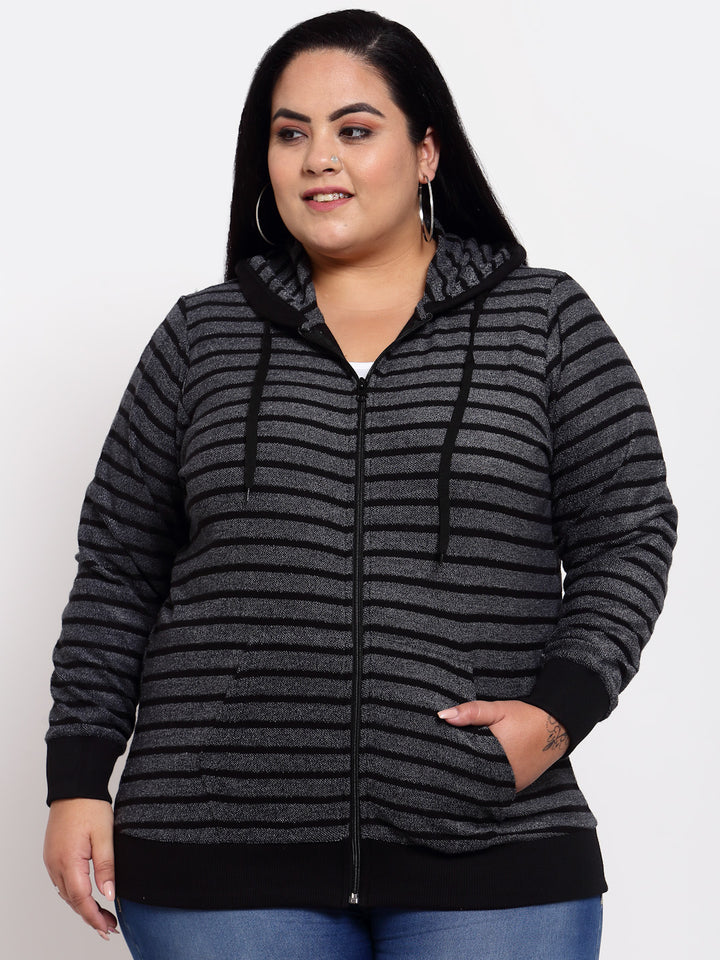 plusS Women Plus Size Black Striped Hooded Sweatshirt