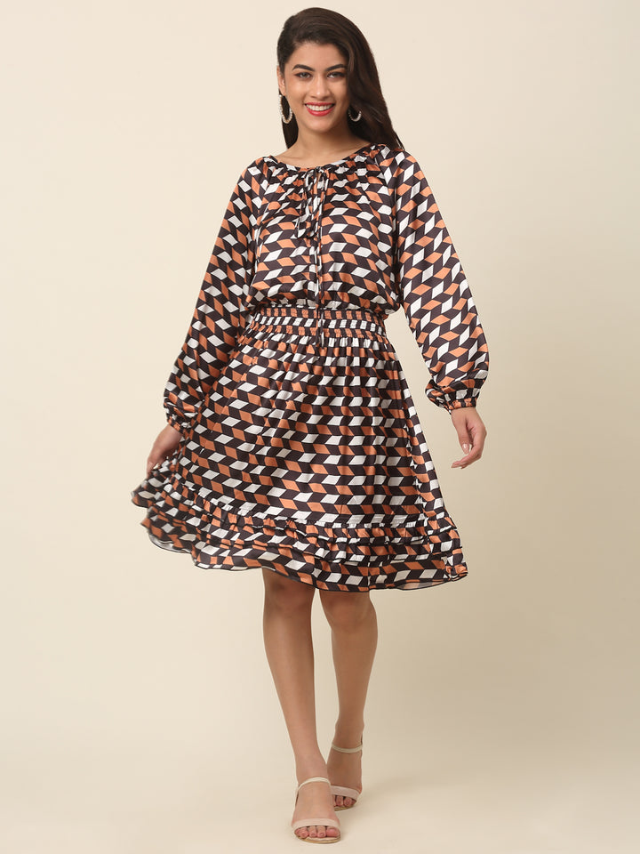 Checked Puff Sleeve A-Line Dress