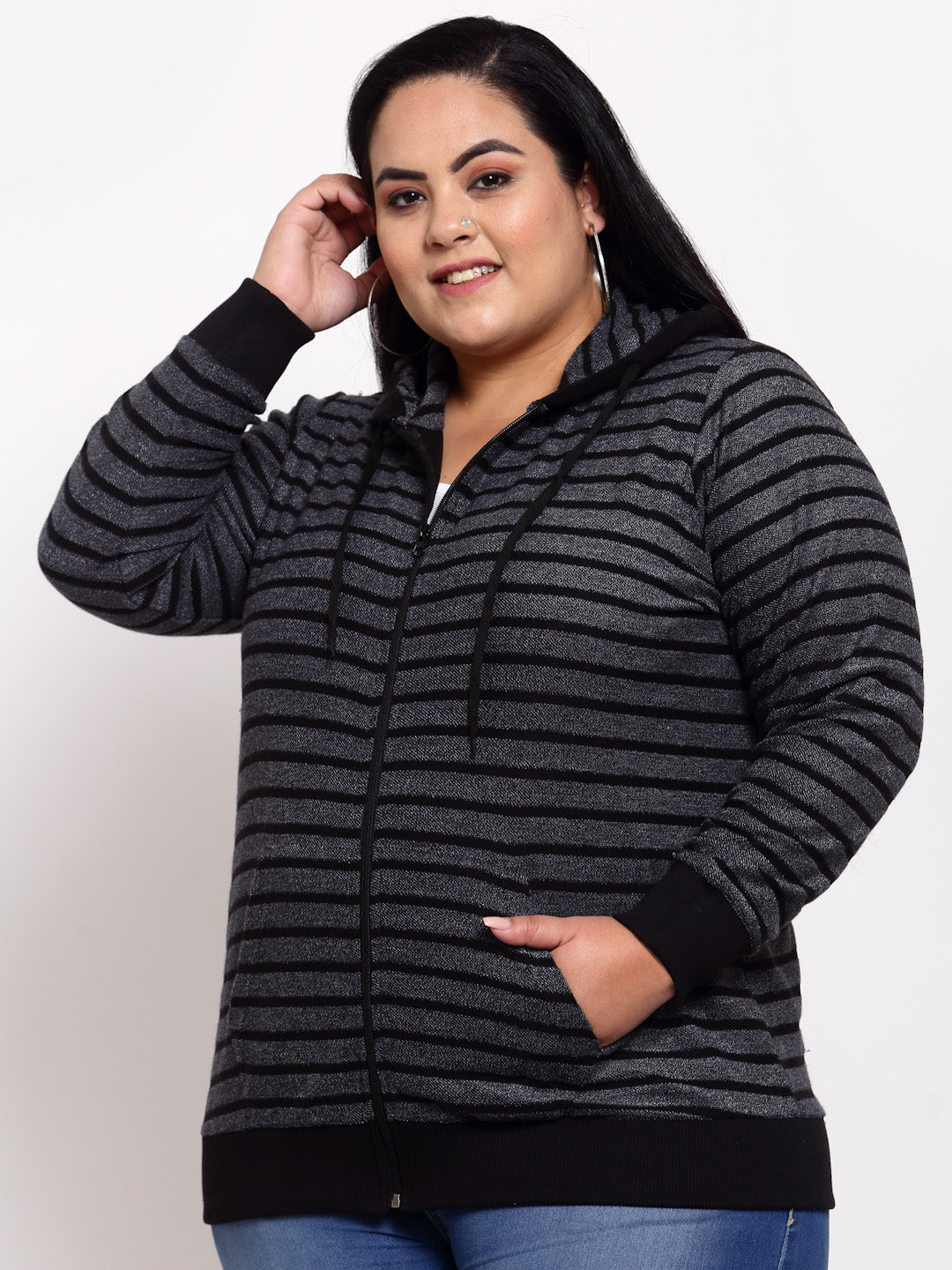 plusS Women Plus Size Black Striped Hooded Sweatshirt