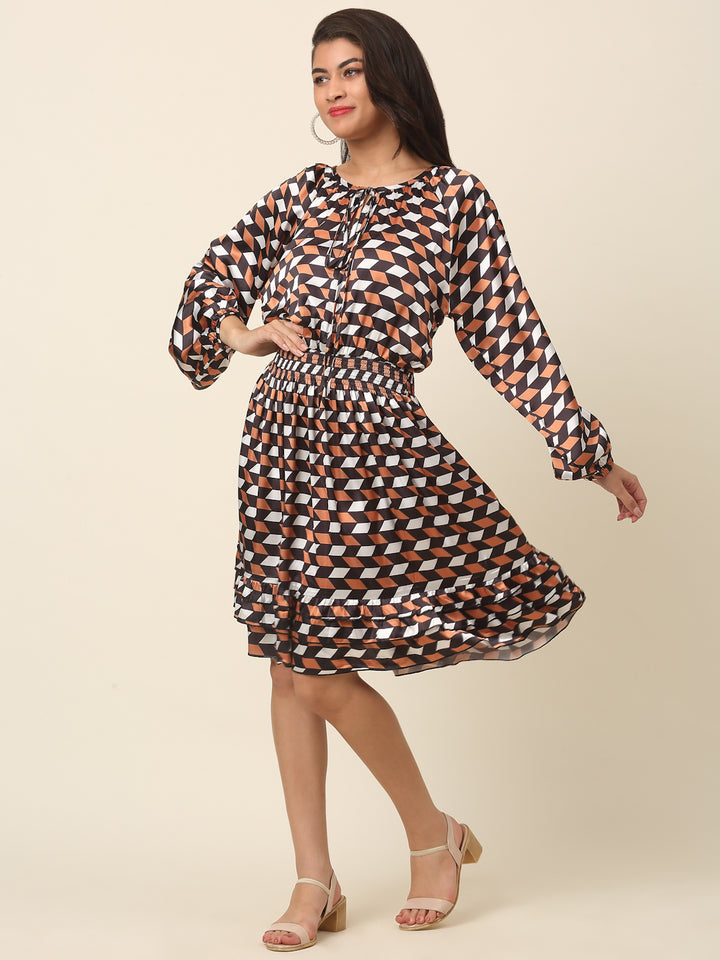 Checked Puff Sleeve A-Line Dress