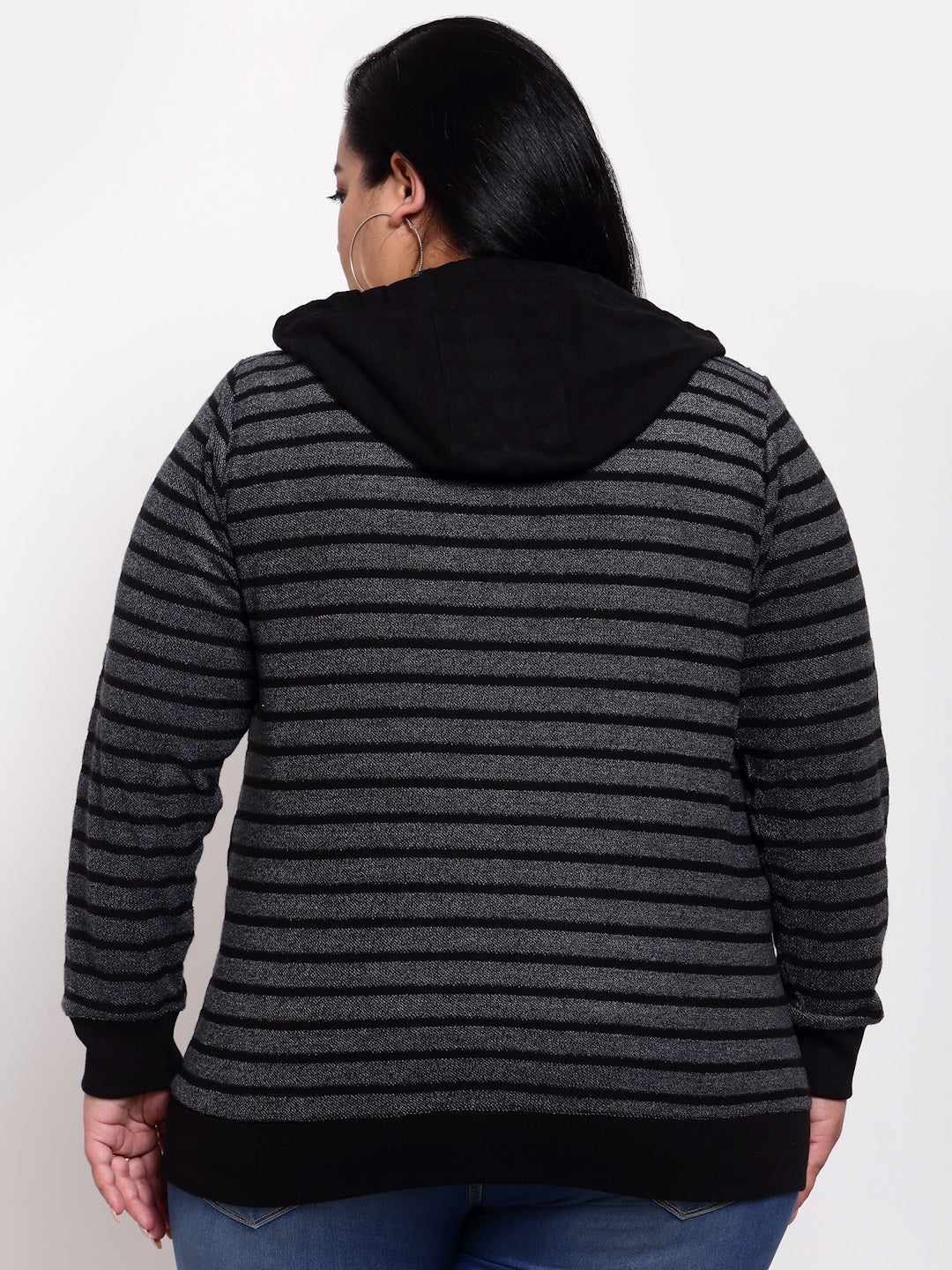 plusS Women Plus Size Black Striped Hooded Sweatshirt