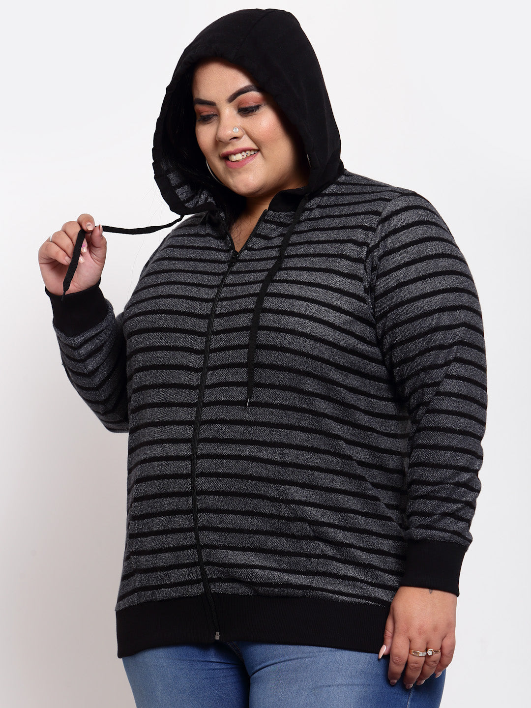 plusS Women Plus Size Black Striped Hooded Sweatshirt