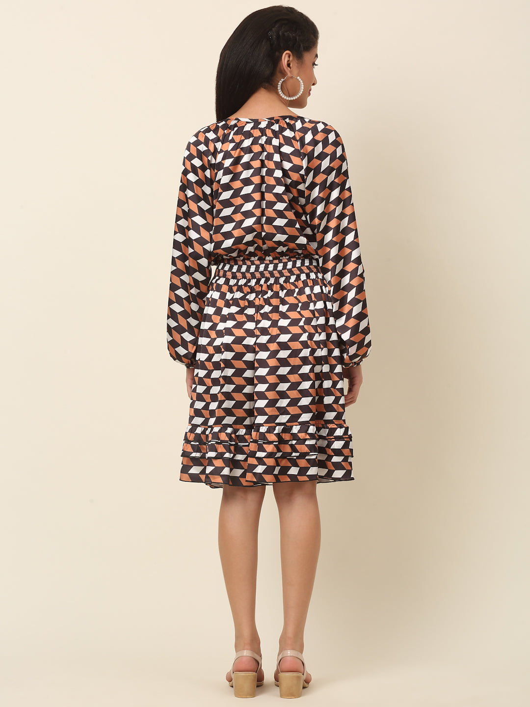 Checked Puff Sleeve A-Line Dress