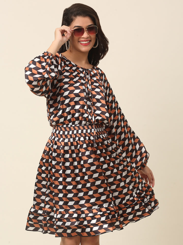 Checked Puff Sleeve A-Line Dress