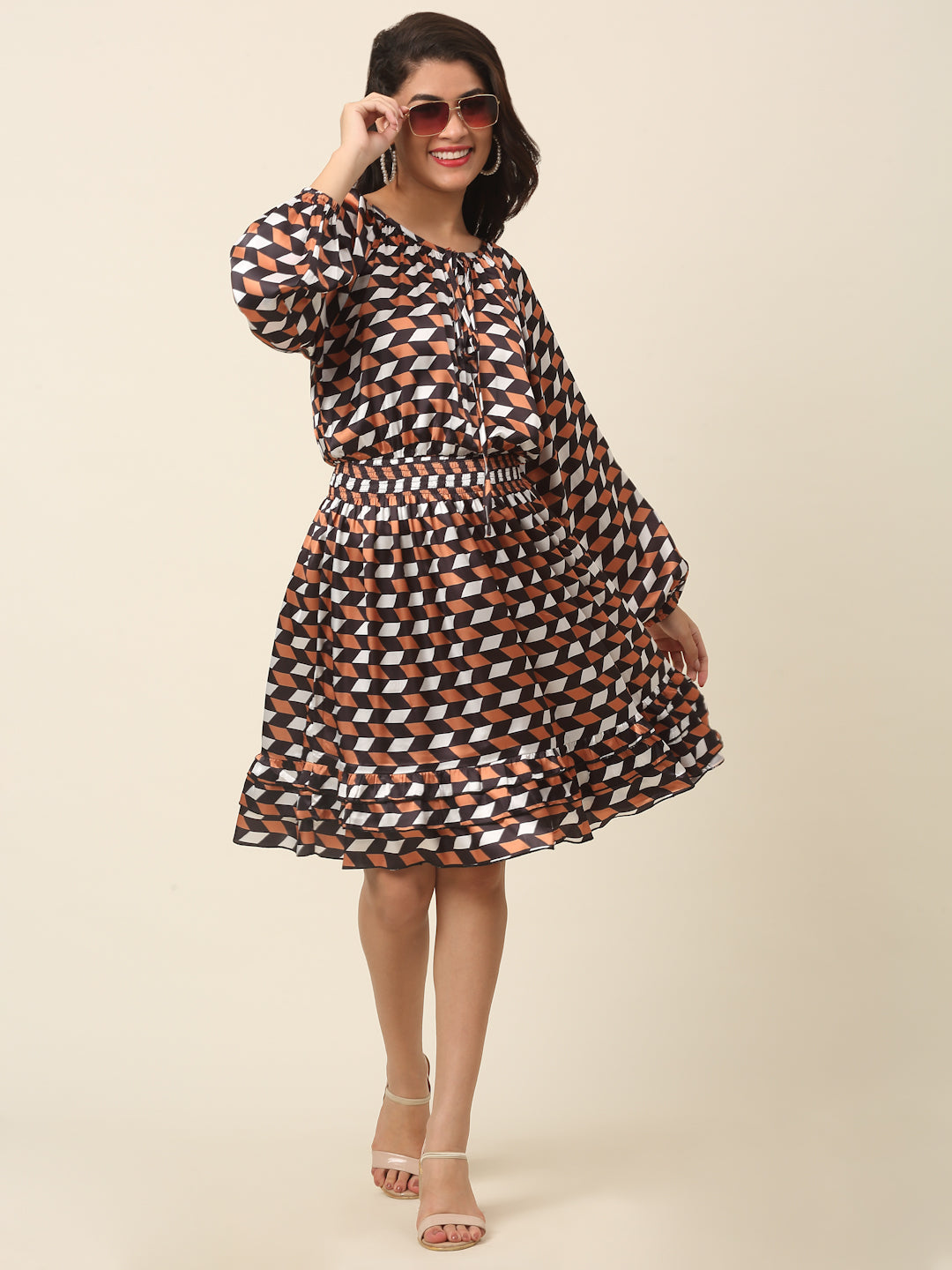 Checked Puff Sleeve A-Line Dress