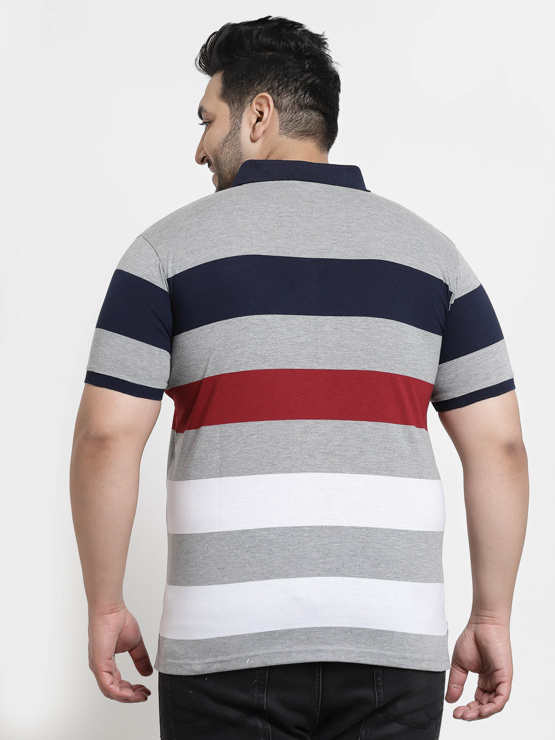 Men Plus Size Multicoloured Striped Polo Collar T-shirt