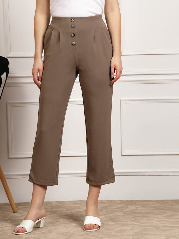 Women Brown Pleated Cropped Trousers