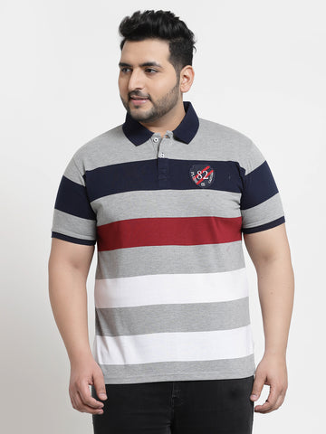 Men Plus Size Multicoloured Striped Polo Collar T-shirt