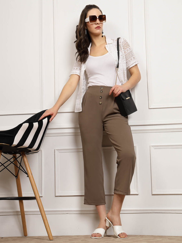 Women Brown Pleated Cropped Trousers