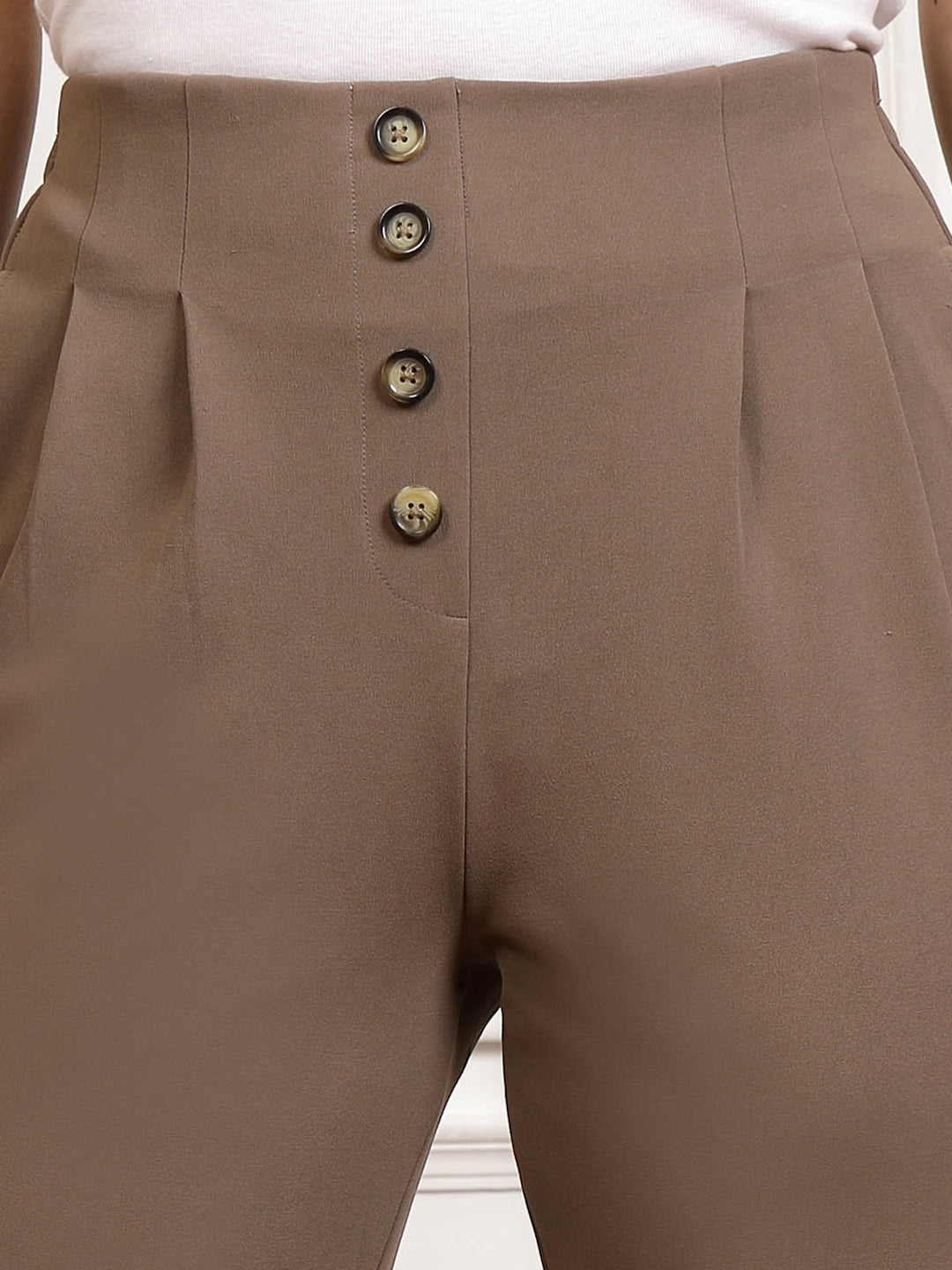 Women Brown Pleated Cropped Trousers