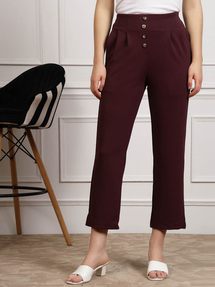 Women Burgundy Pleated Cropped Trousers