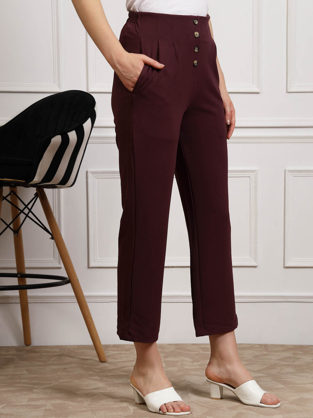 Women Burgundy Pleated Cropped Trousers