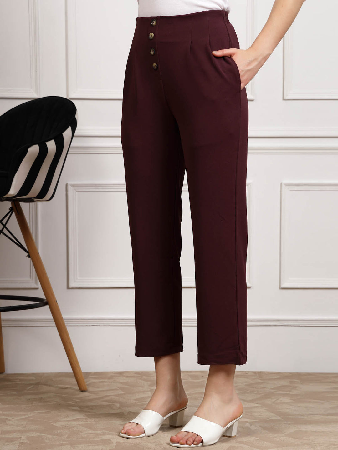 Women Burgundy Pleated Cropped Trousers