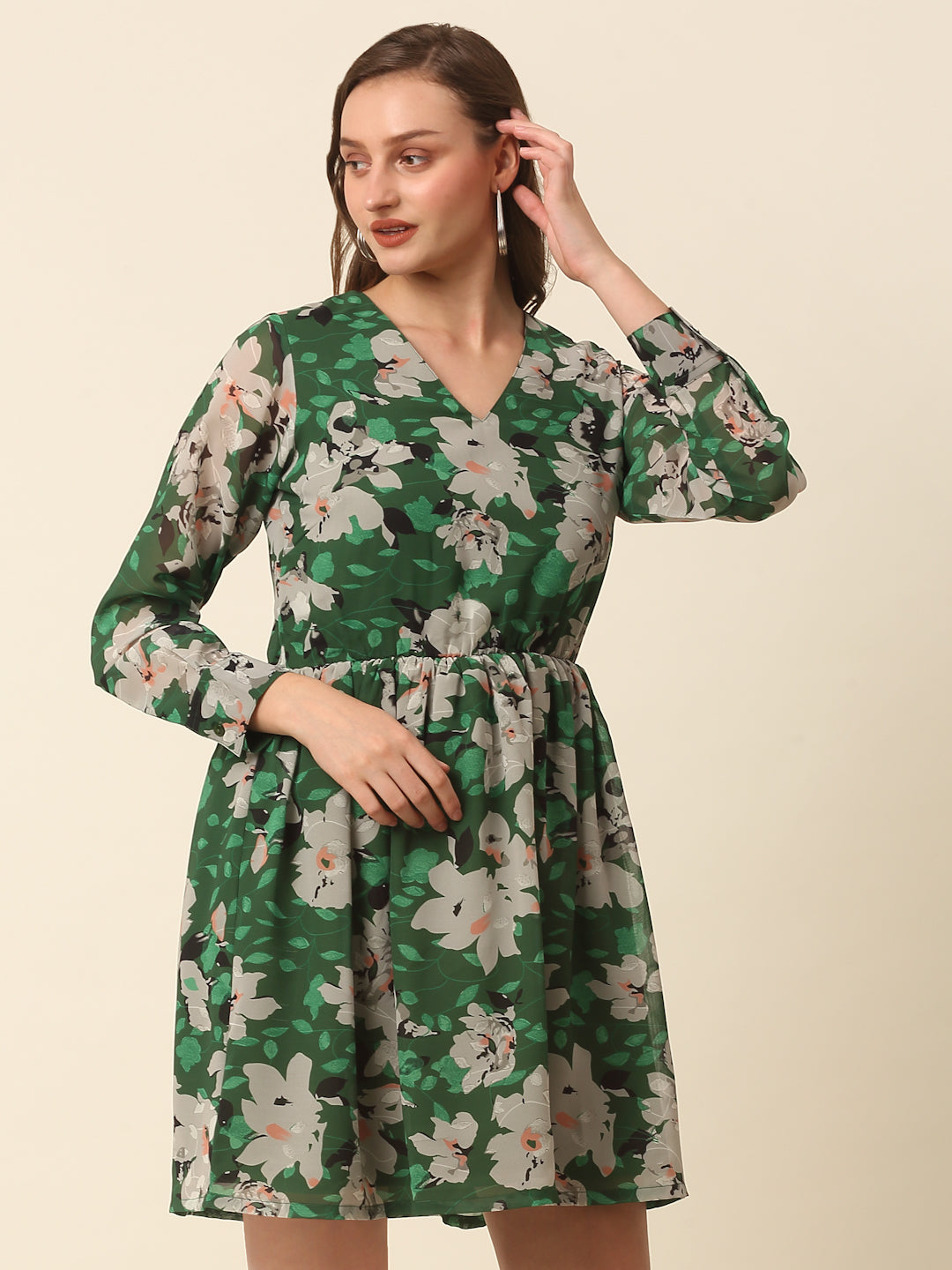 Green  Beige Floral Printed Puff Sleeves Gathered A-Line Dress