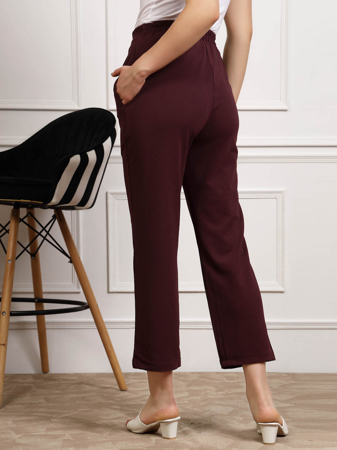 Women Burgundy Pleated Cropped Trousers