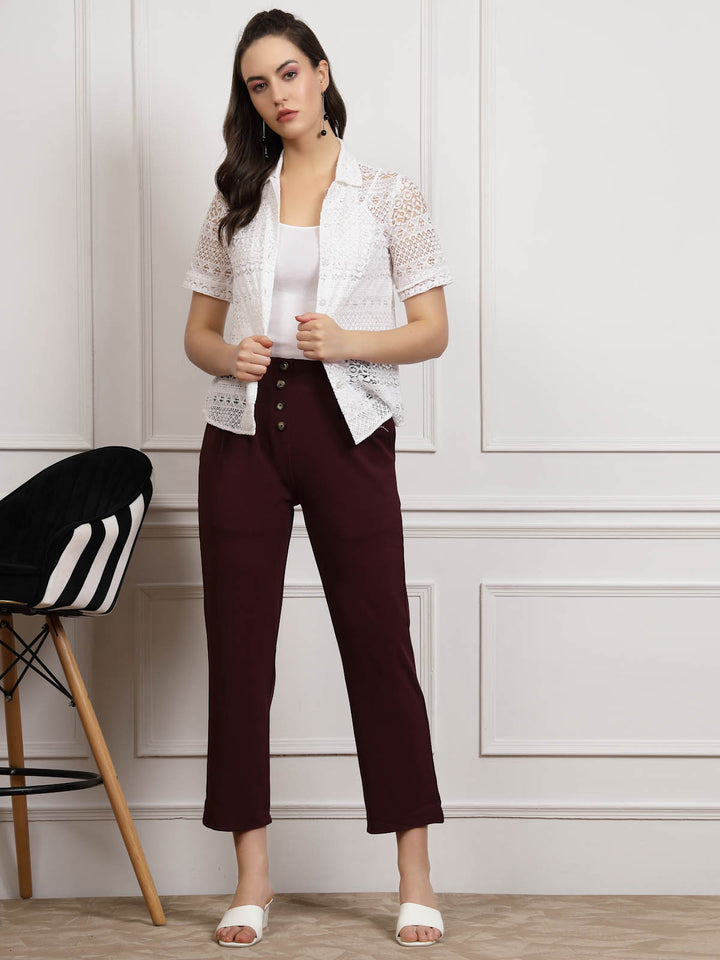 Women Burgundy Pleated Cropped Trousers