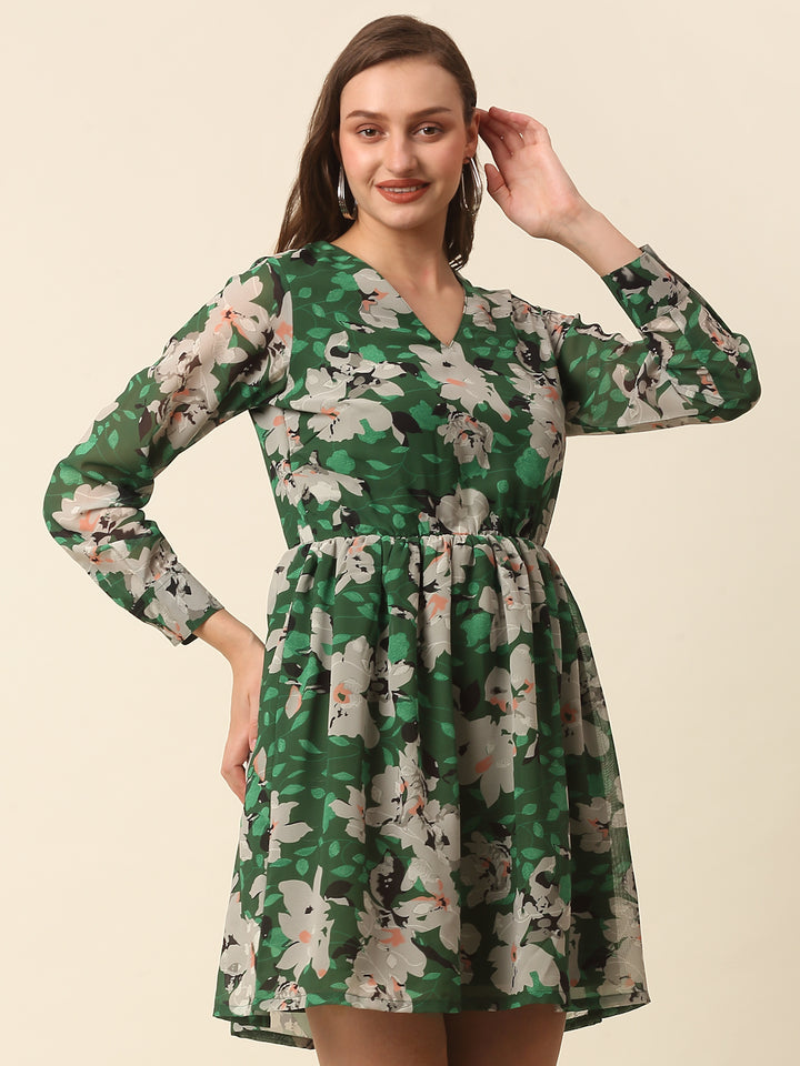 Green  Beige Floral Printed Puff Sleeves Gathered A-Line Dress