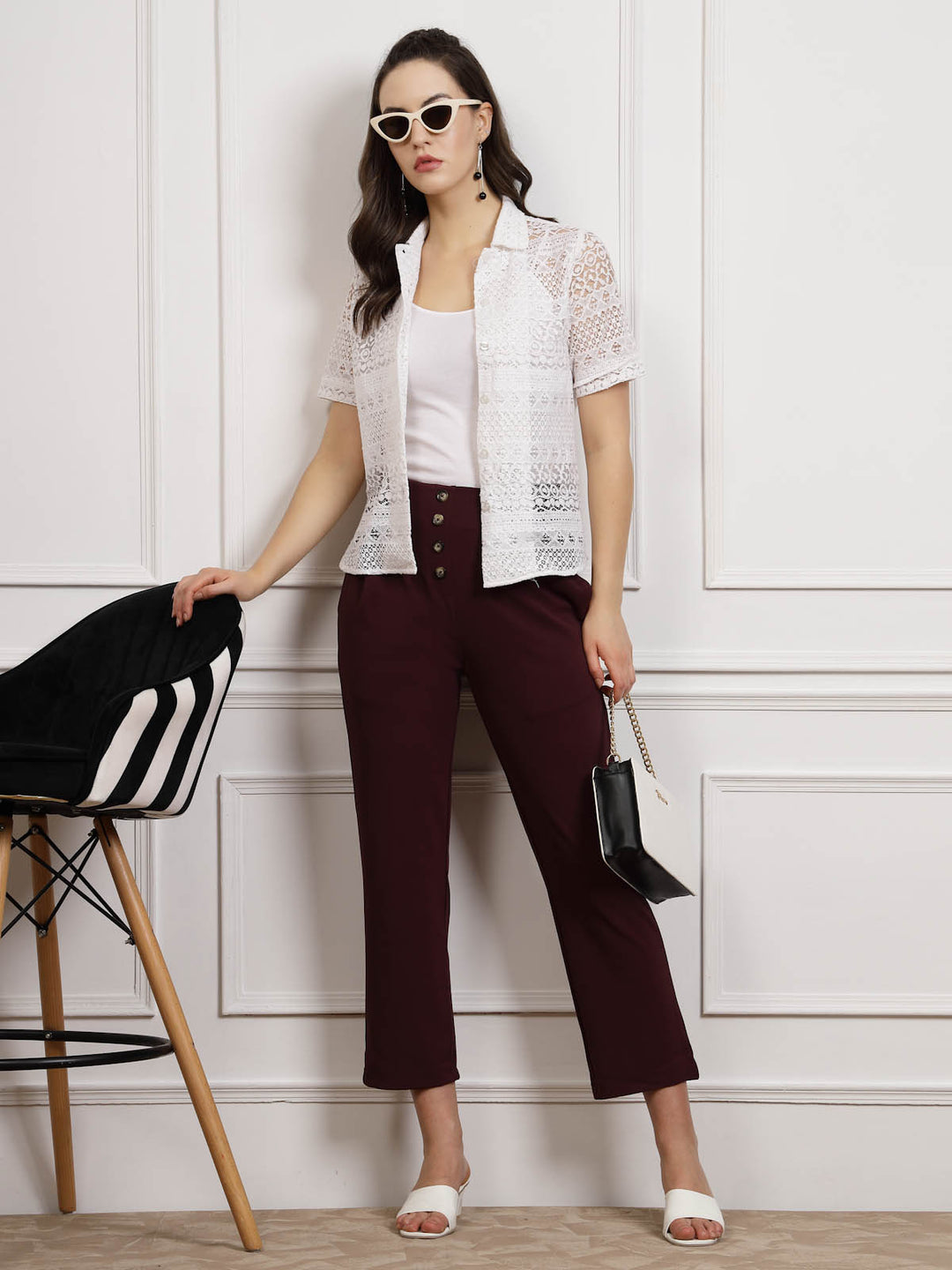 Women Burgundy Pleated Cropped Trousers