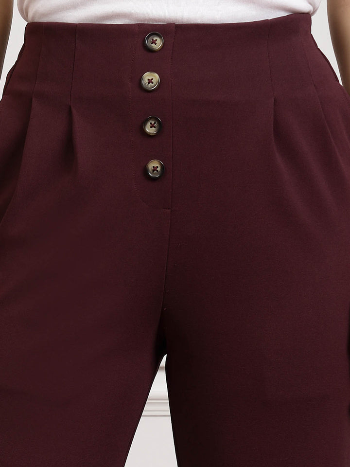 Women Burgundy Pleated Cropped Trousers