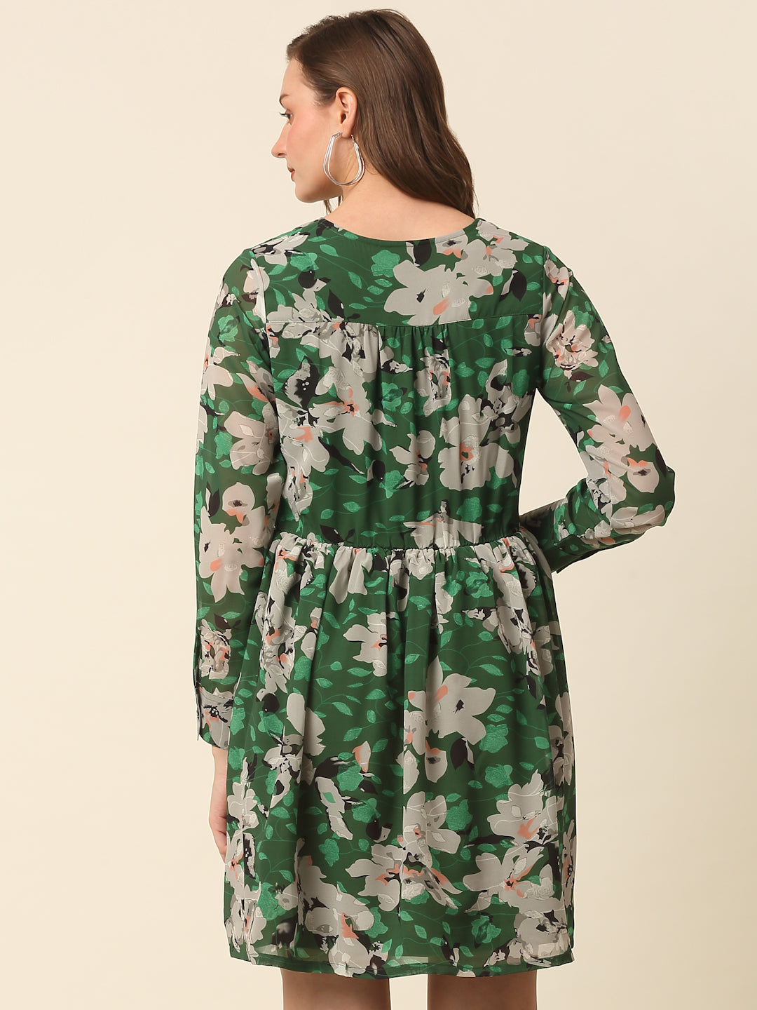 Green  Beige Floral Printed Puff Sleeves Gathered A-Line Dress