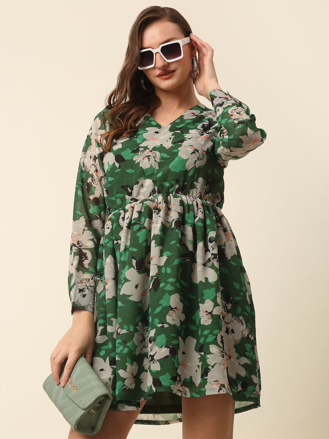 Green  Beige Floral Printed Puff Sleeves Gathered A-Line Dress