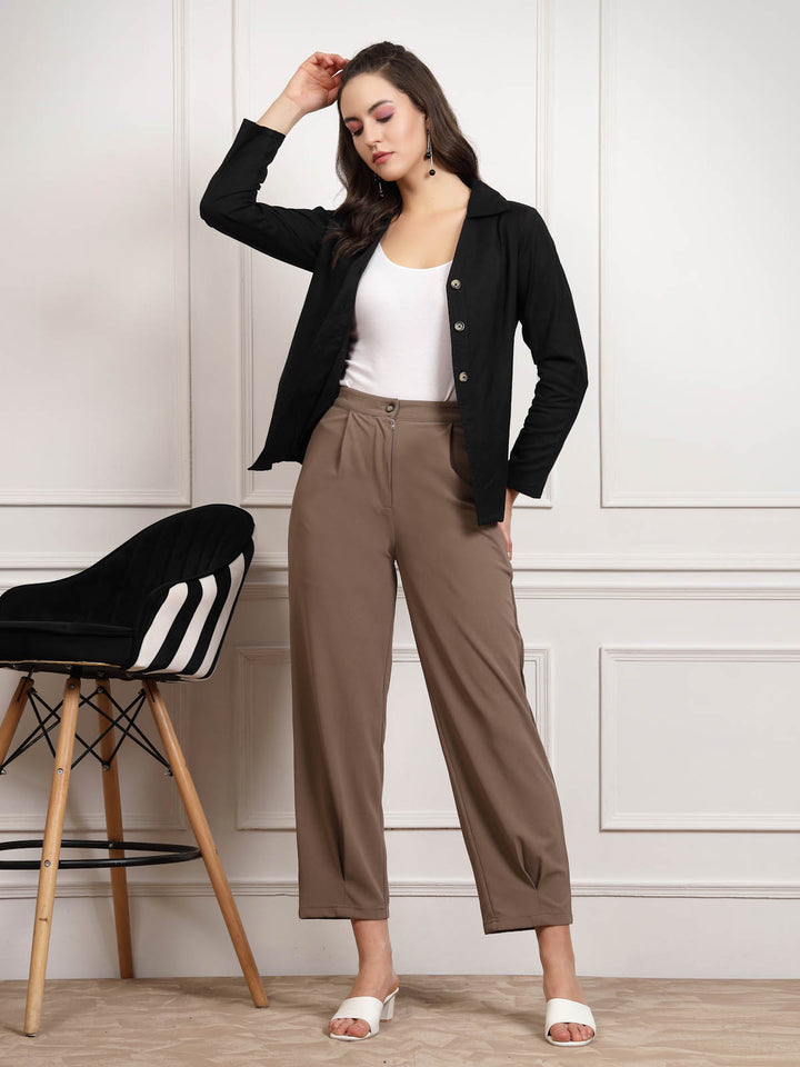 Brown Women Mid Rise Pleated Trousers