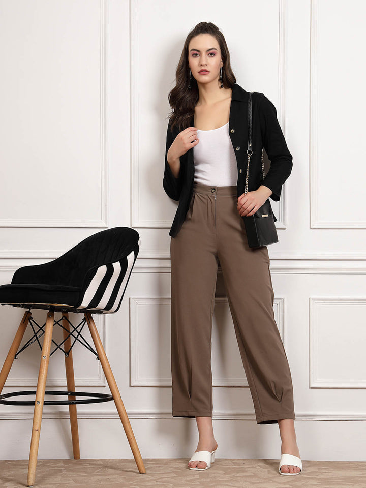 Brown Women Mid Rise Pleated Trousers