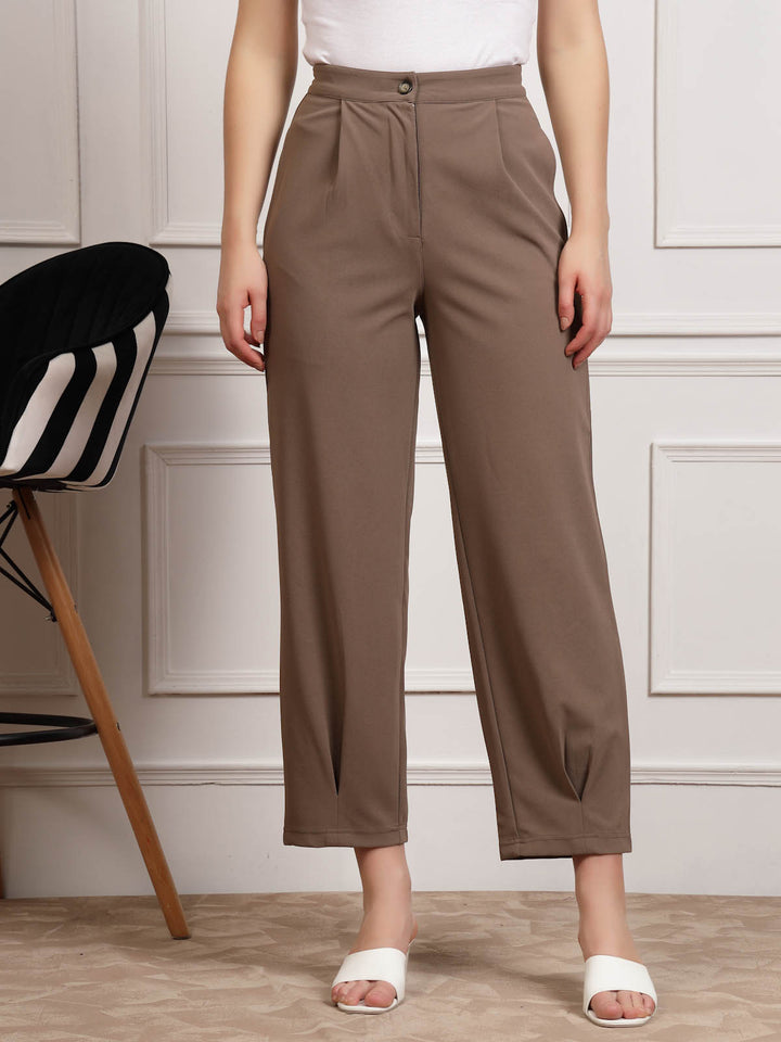 Brown Women Mid Rise Pleated Trousers