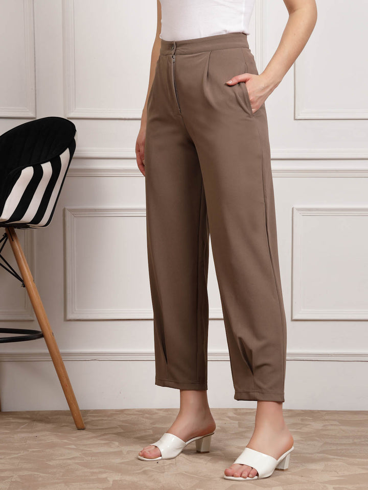 Brown Women Mid Rise Pleated Trousers