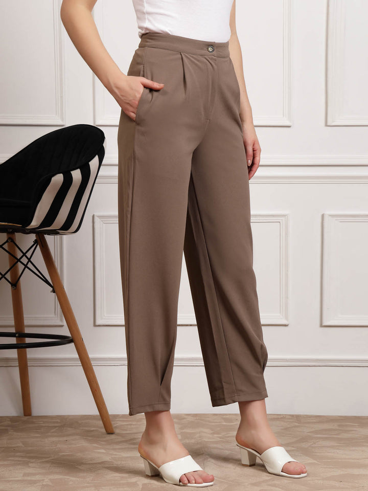 Brown Women Mid Rise Pleated Trousers