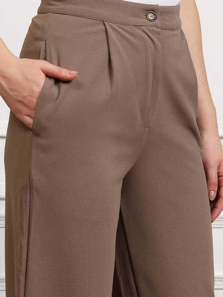 Brown Women Mid Rise Pleated Trousers