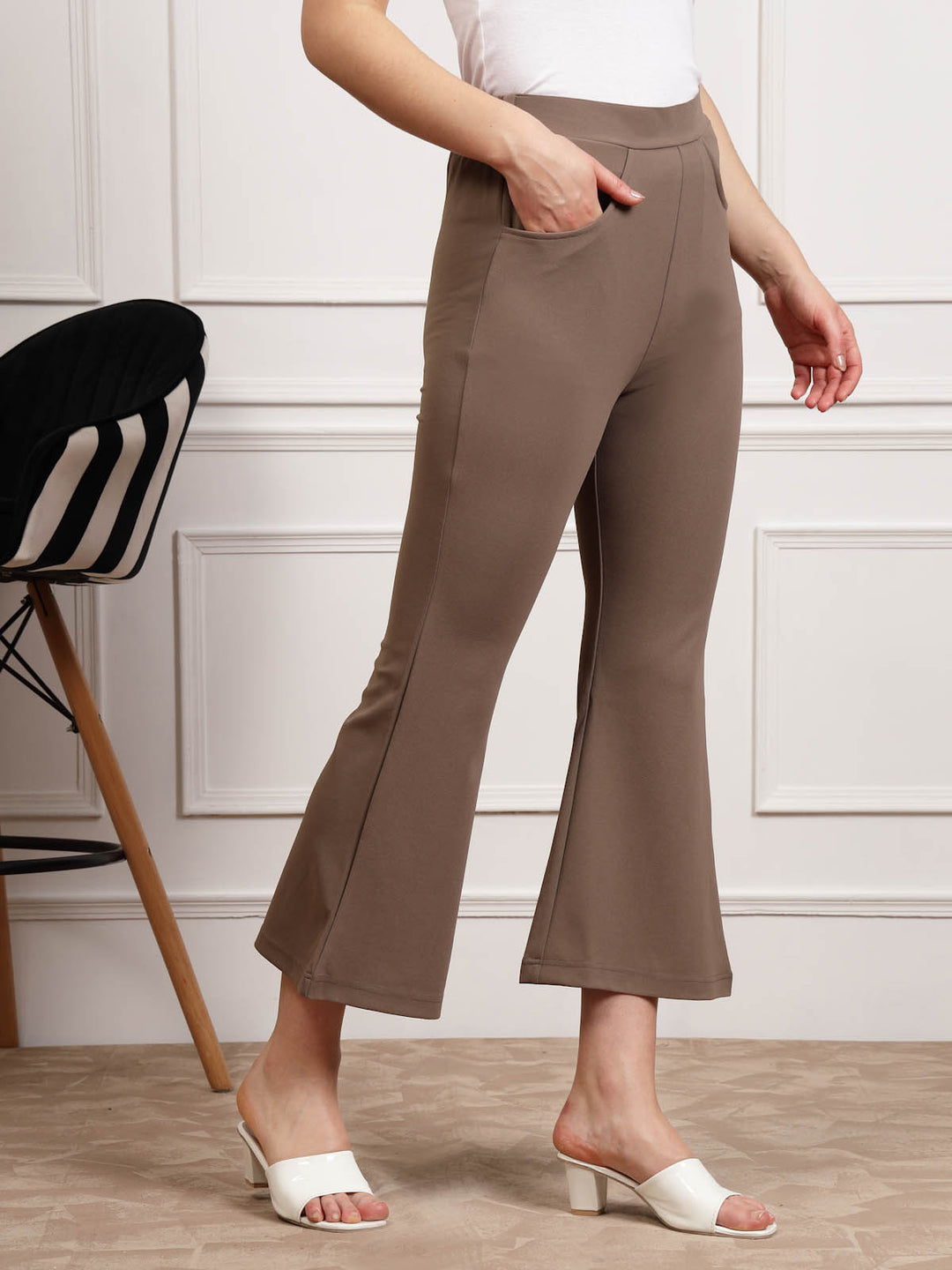 Women Brown Mid Rise Bootcut Trousers