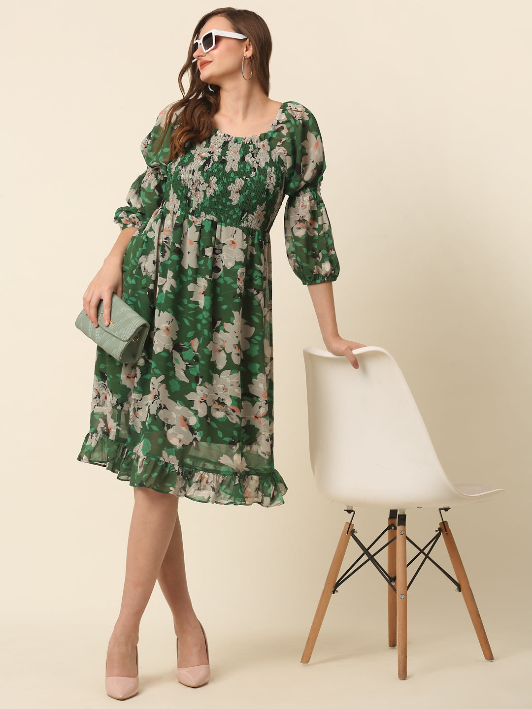 Green  Beige Floral Printed Puff Sleeves Smocked A-Line Dress