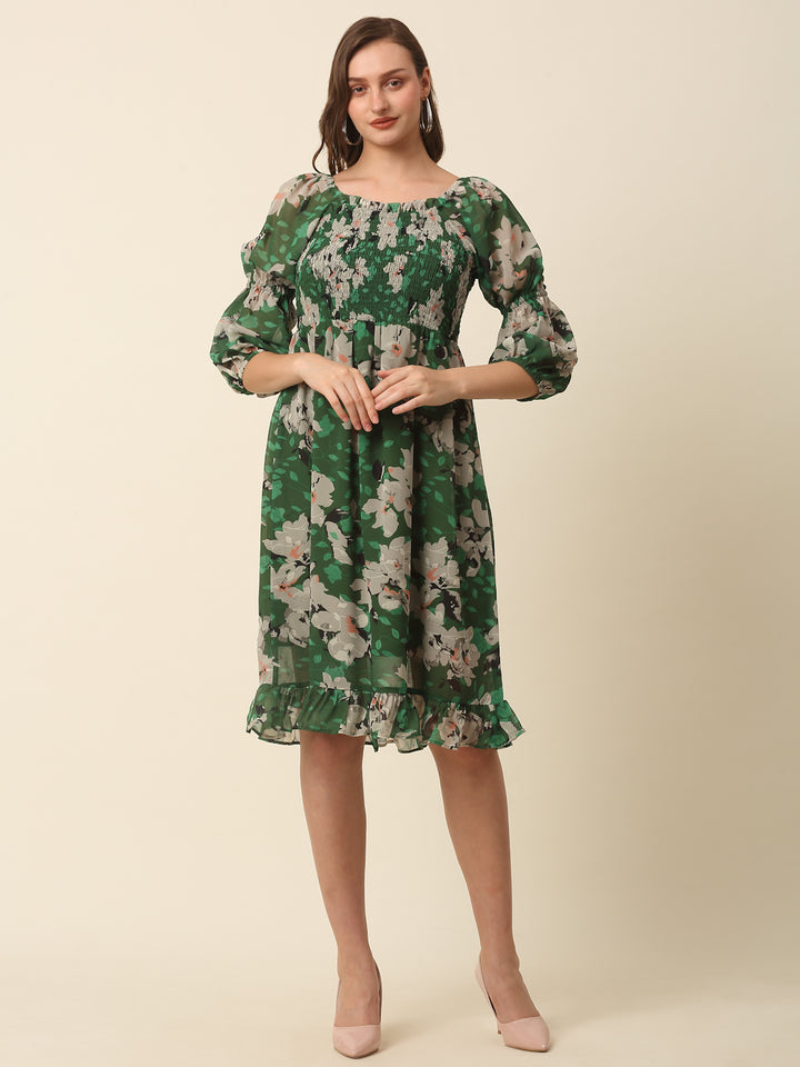 Green  Beige Floral Printed Puff Sleeves Smocked A-Line Dress