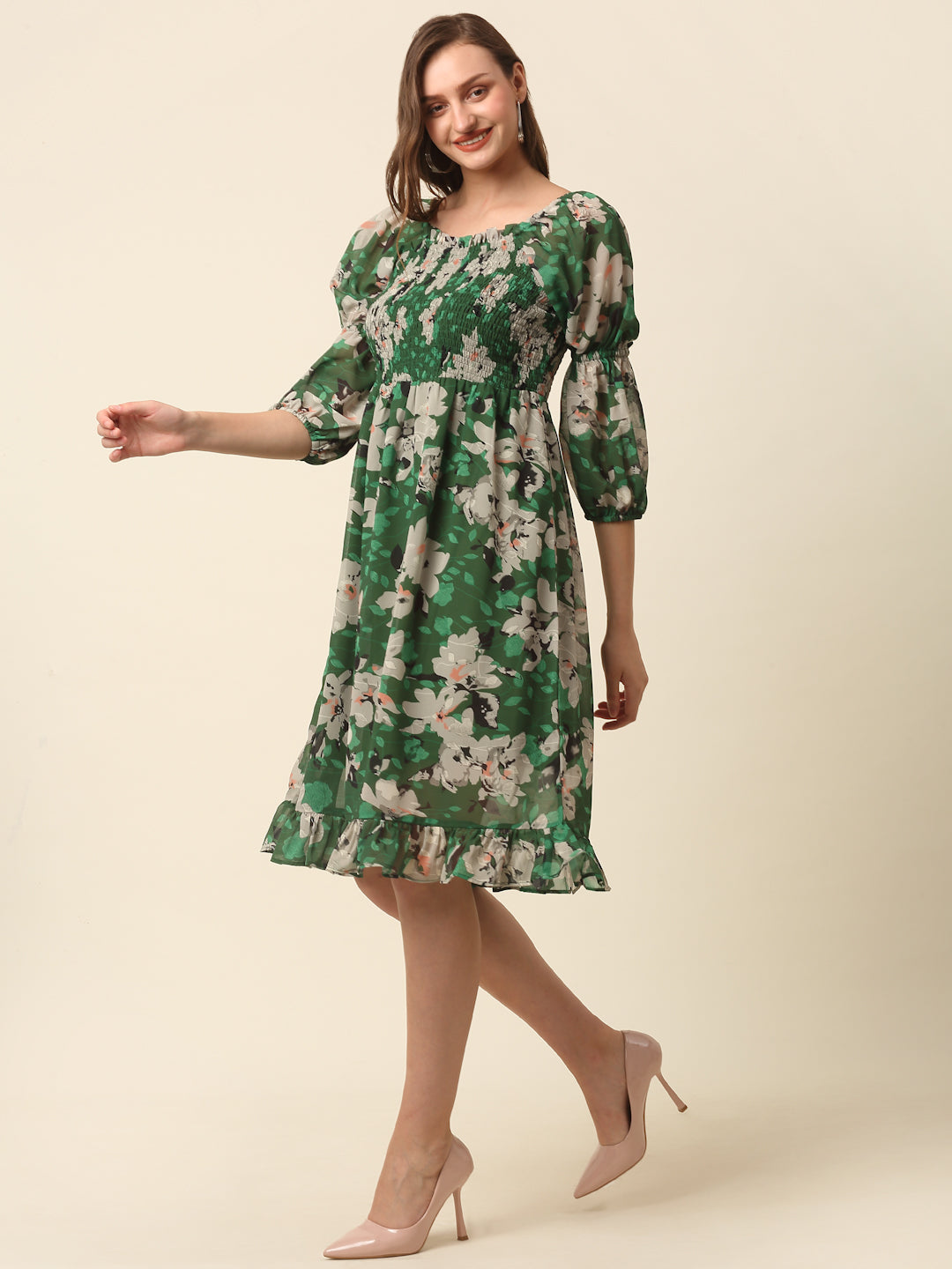 Green  Beige Floral Printed Puff Sleeves Smocked A-Line Dress