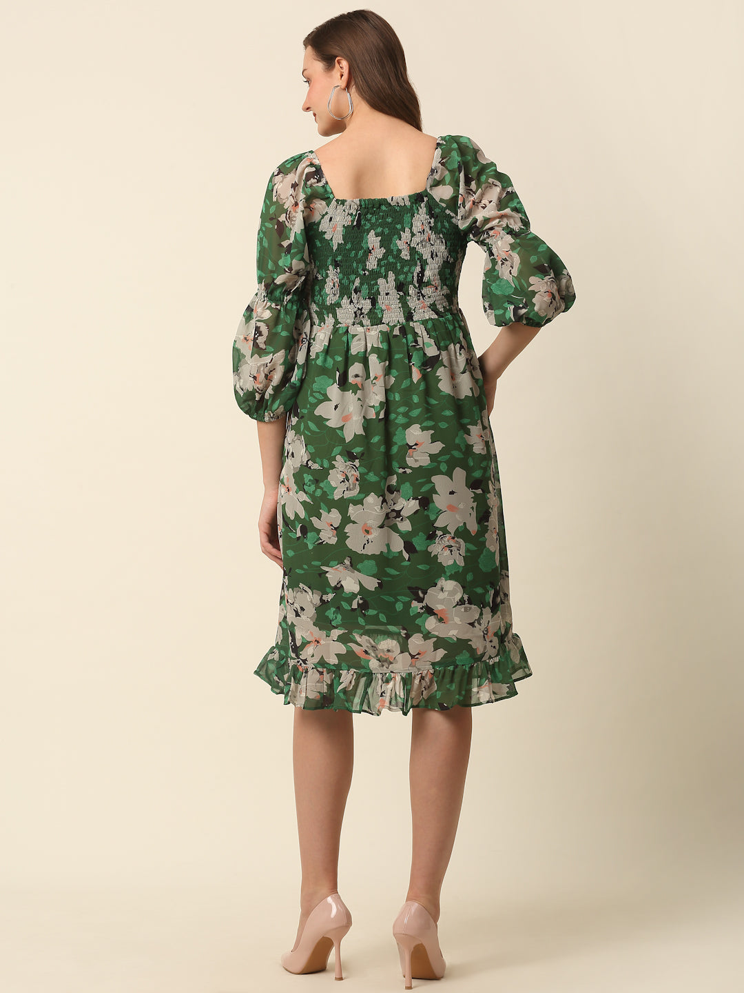 Green  Beige Floral Printed Puff Sleeves Smocked A-Line Dress