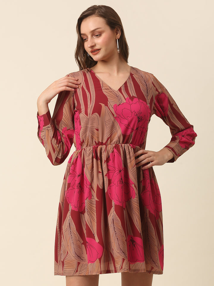 Pink  Brown Floral Printed Puff Sleeves Smocked A-Line Dress