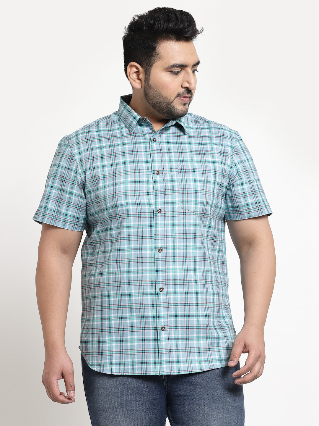 Plus Size Men Sea Green Tartan Checks Checked Cotton Casual Shirt