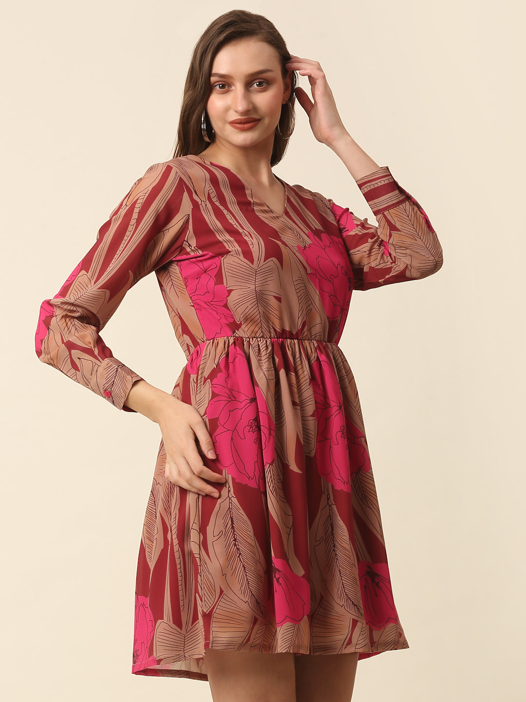 Pink  Brown Floral Printed Puff Sleeves Smocked A-Line Dress